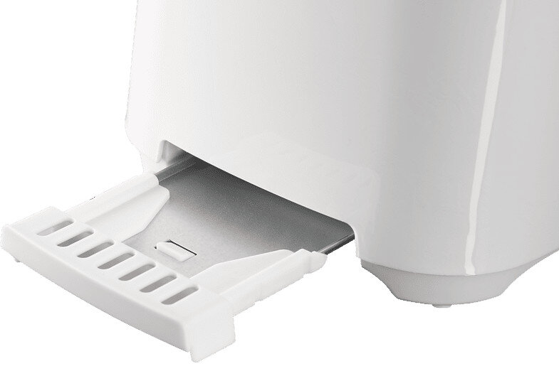 Biały toster z wysuniętą tacką na okruchy.