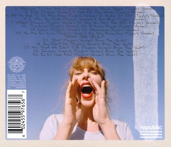 Egy nő kiabál egy album hátulján, a számlistával és egy vonalkóddal.