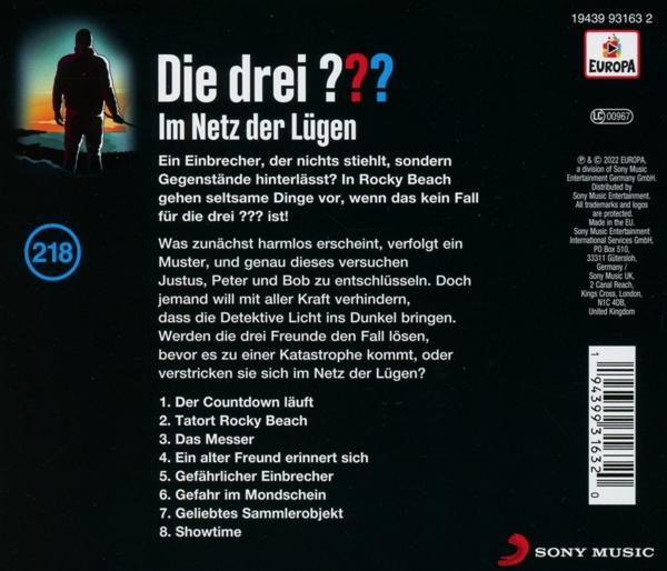 Rückseite eines Buches mit Text auf Deutsch. Titel ist „Die drei ???“ und Text handelt von dem Buch.