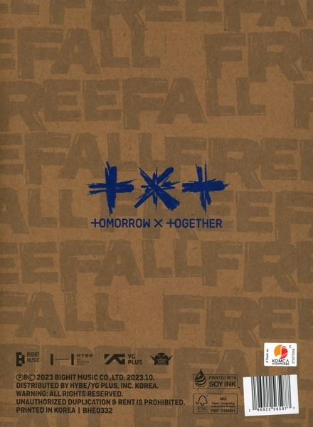 Brauner Bucheinband mit blauem Text. Der Text lautet '+TOMORROW +TOGETHER' und 'FREEFALL'.