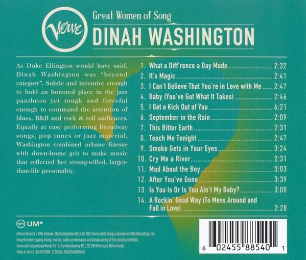 Rückseite eines CD-Covers von Dinah Washingtons Album. Text und Titelliste sind sichtbar.