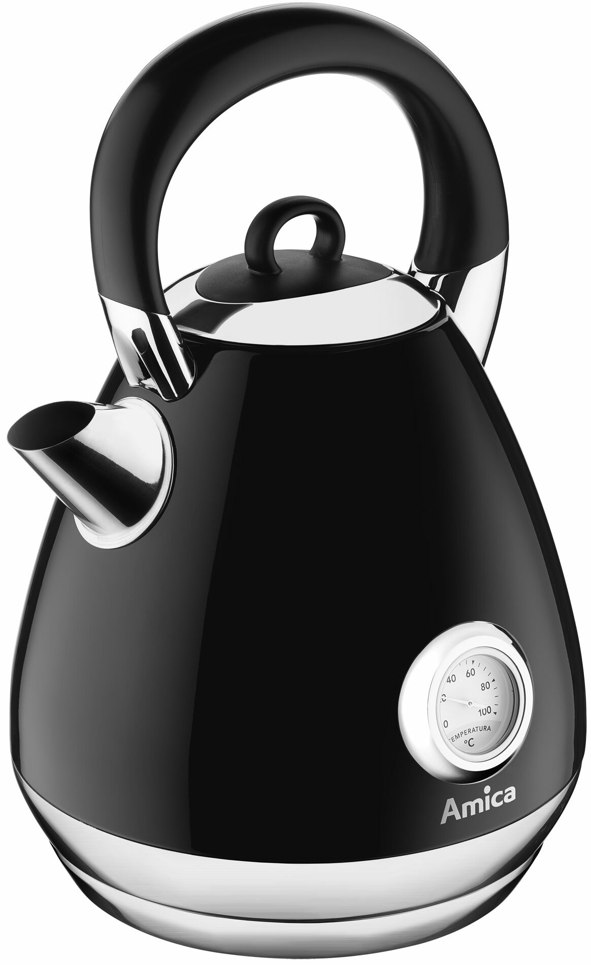 Czarny czajnik ze srebrną podstawą i uchwytem, ​​ze wskaźnikiem temperatury. Marka to Amica.