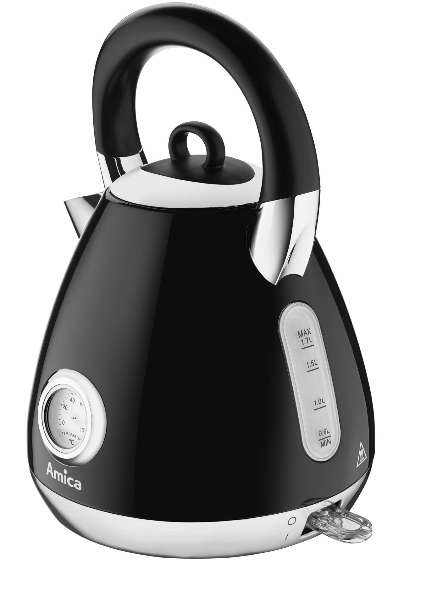Czajnik elektryczny w kolorze czarnym ze srebrną podstawą, uchwytem i wskaźnikiem temperatury.