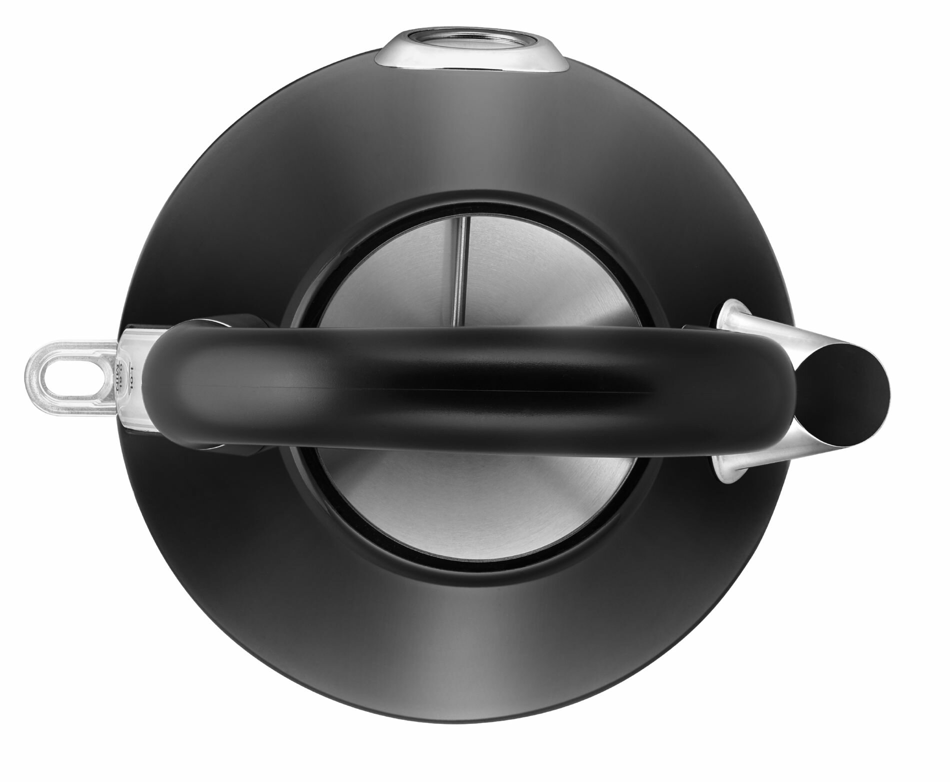 Widok z góry na czarny czajnik. Okrągły czarny korpus z uchwytem i srebrnymi akcentami.