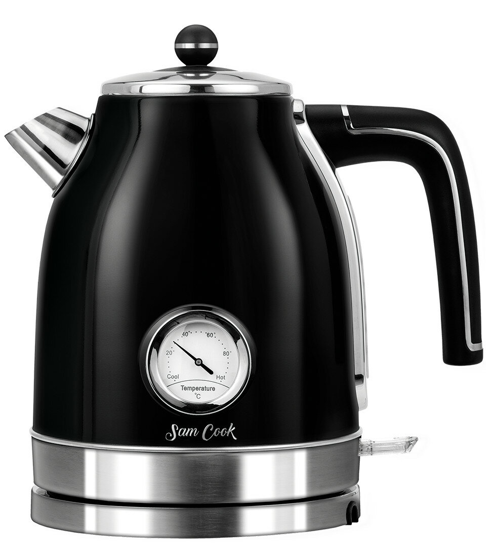 Czarny i srebrny czajnik elektryczny ze wskaźnikiem temperatury.
