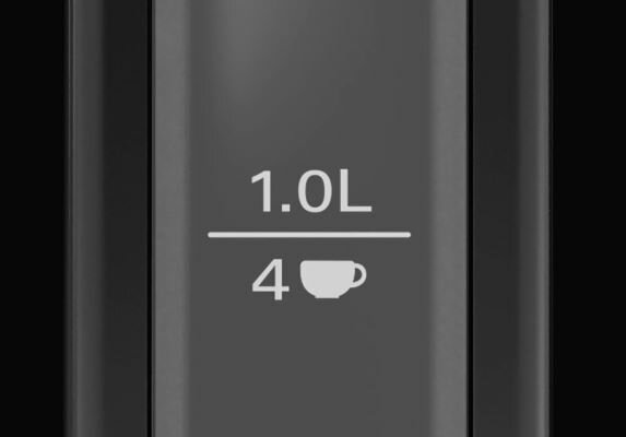 Zbliżenie wskaźnika poziomu wody czajnika, pokazujące 1,0 l dla 4 filiżanek.