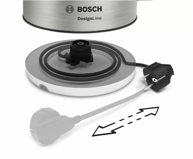 Podstawa czajnika z czarną wtyczką i przewodem zasilającym. Przewód jest podłączony do elementu grzejnego.