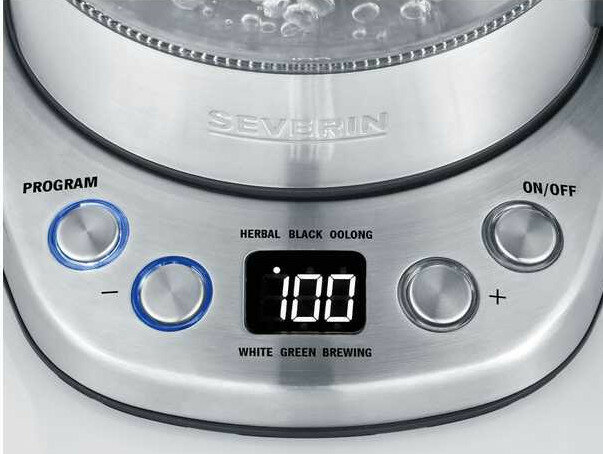 Zbliżenie panelu sterowania czajnika z przyciskami.