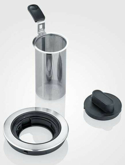 Zaparzacz do herbaty ze stali nierdzewnej z pokrywką i pierścieniem podstawy.