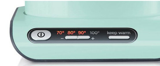 Panel sterowania czajnika elektrycznego w kolorze morskim z przyciskiem zasilania, ustawieniami temperatury i opcją podtrzymywania ciepła.