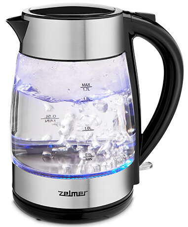 Szklany czajnik elektryczny z wrzącą wodą i niebieskim światłem.