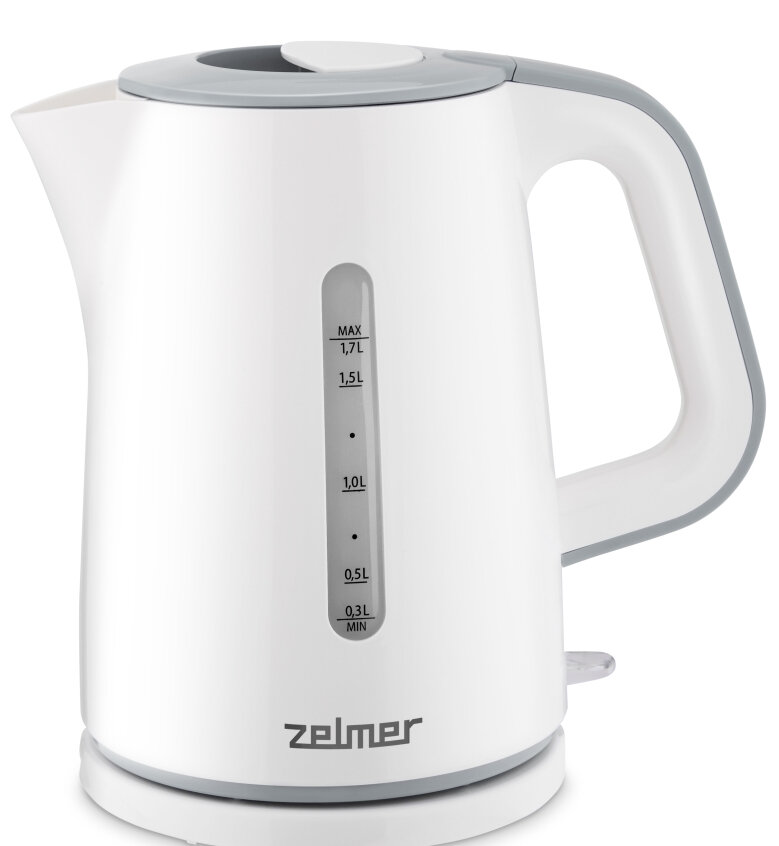 Biały czajnik elektryczny z szarymi akcentami. Posiada wskaźnik poziomu wody.