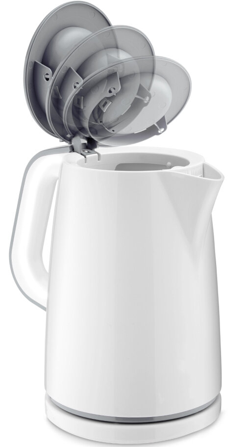 Biały czajnik elektryczny z otwartą pokrywą. Pokazuje wnętrze czajnika.