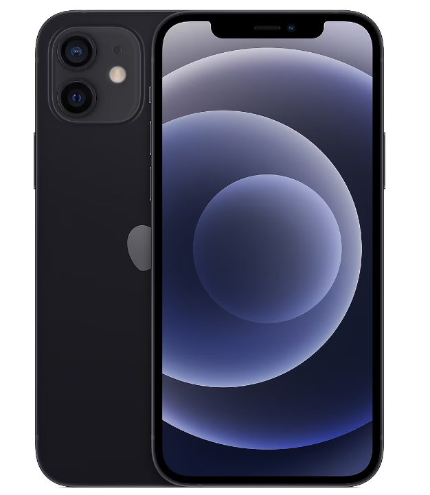 İki arka kameralı ve bulanık bir görüntü gösteren ekranlı siyah iPhone 12.