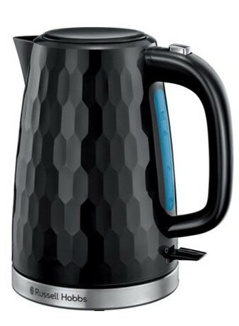 Czarny czajnik elektryczny z geometrycznym wzorem. Ma czarny uchwyt i srebrną podstawę.