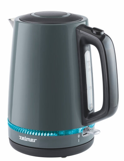 Szary czajnik elektryczny z niebieskim pierścieniem świetlnym i czarnym uchwytem.