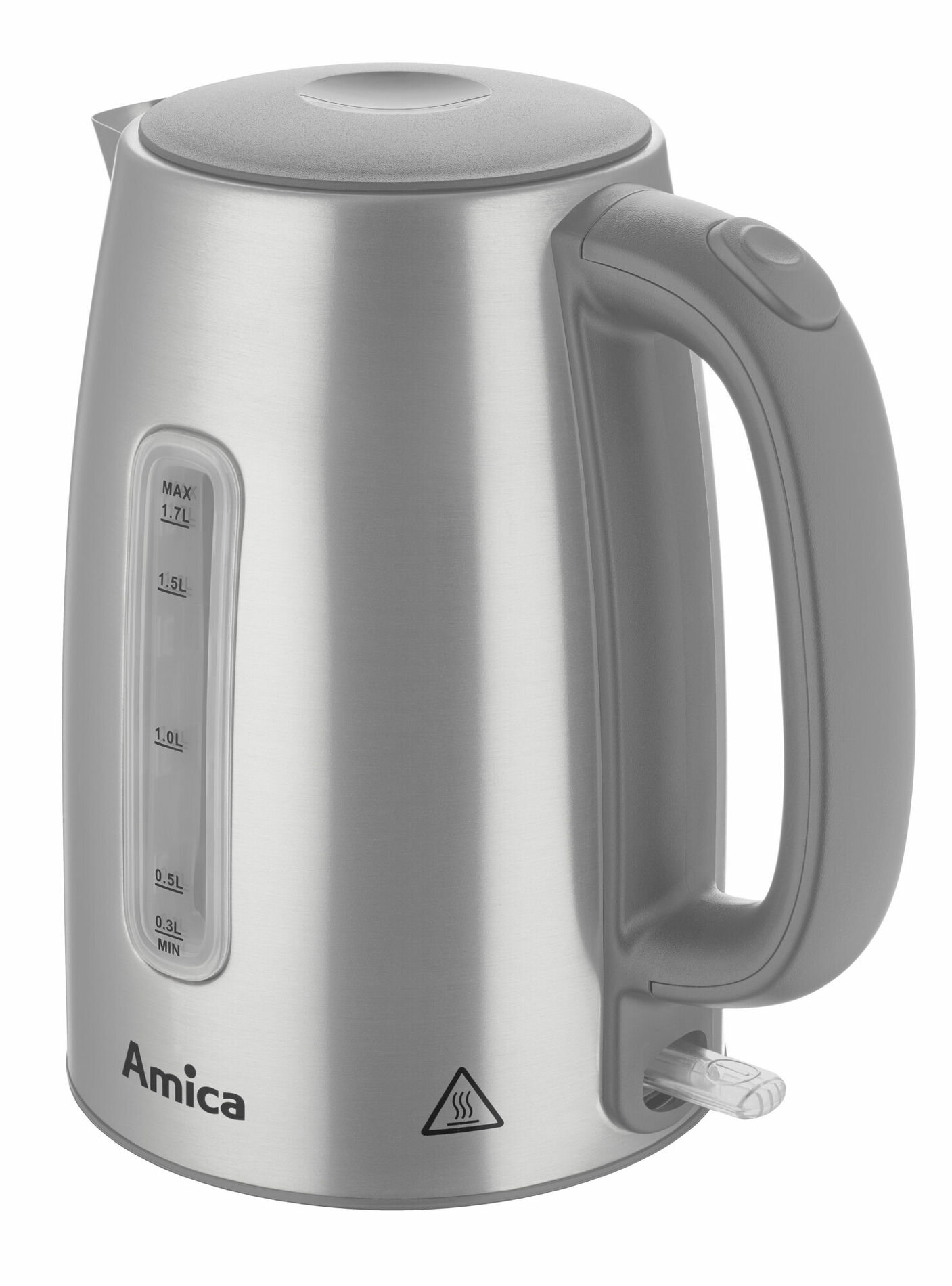 Czajnik ze stali nierdzewnej z szarym uchwytem i wskaźnikiem poziomu wody z boku. Widoczny symbol ciepła.