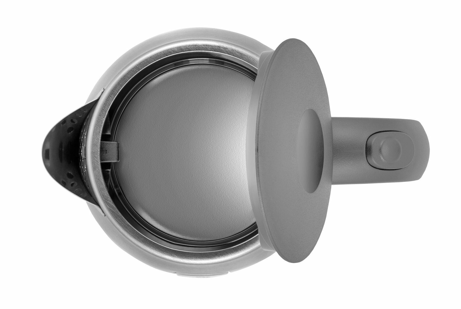 Widok z góry na srebrny czajnik elektryczny z otwartą pokrywą. Tło jest białe.