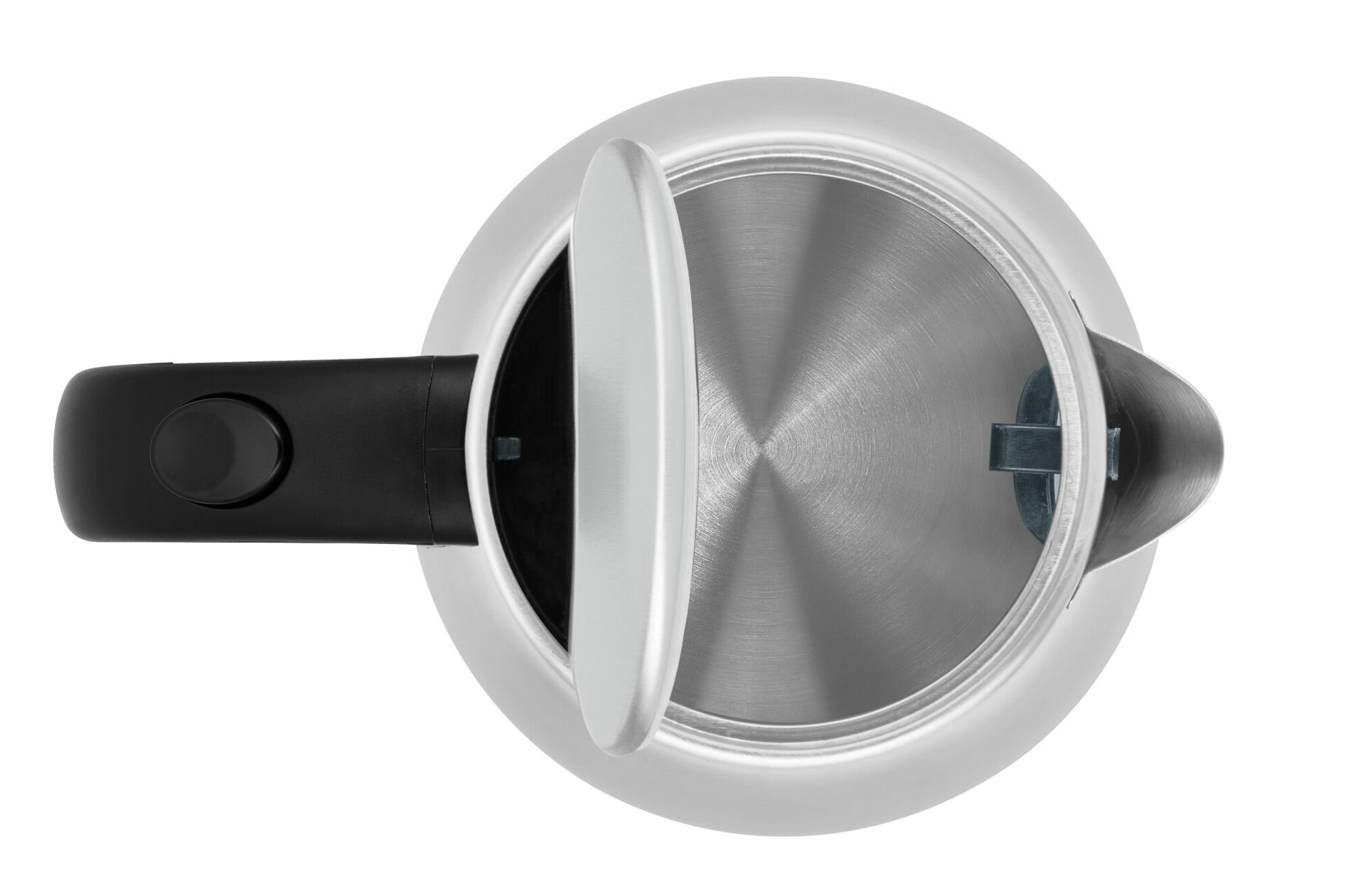 Biały czajnik z otwartą pokrywą widziany z góry.