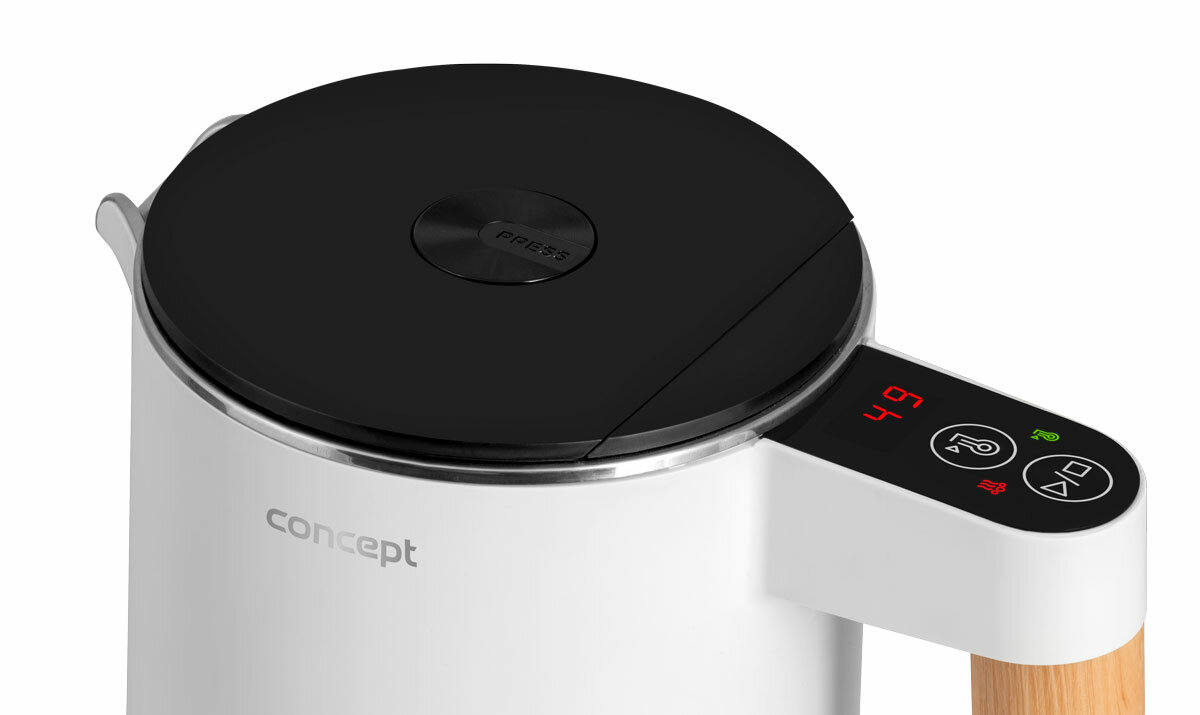 Biały czajnik elektryczny z czarną pokrywką, wyświetlaczem cyfrowym i drewnianym uchwytem.