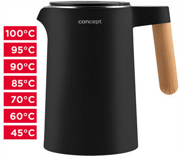Czarny czajnik elektryczny ze znacznikami temperatury i drewnianym uchwytem.