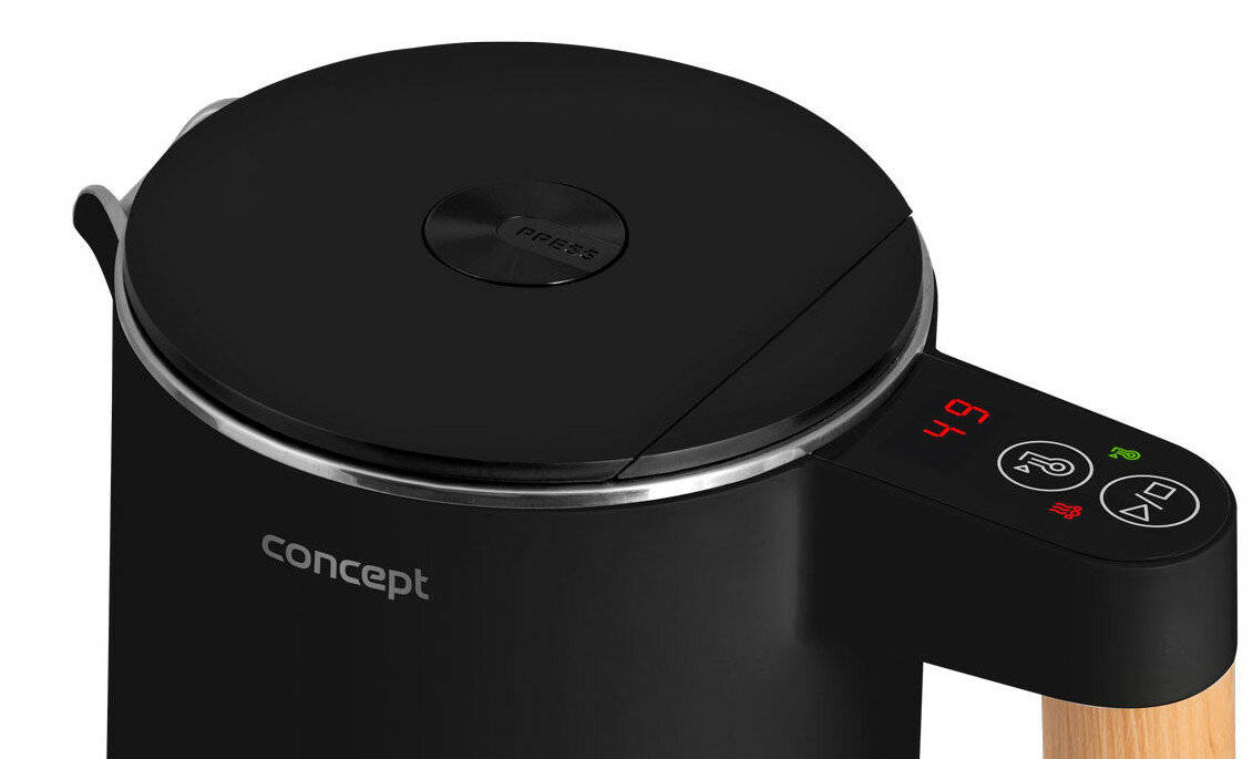 Czarna pokrywa czajnika z wyświetlaczem cyfrowym i drewnianym uchwytem.