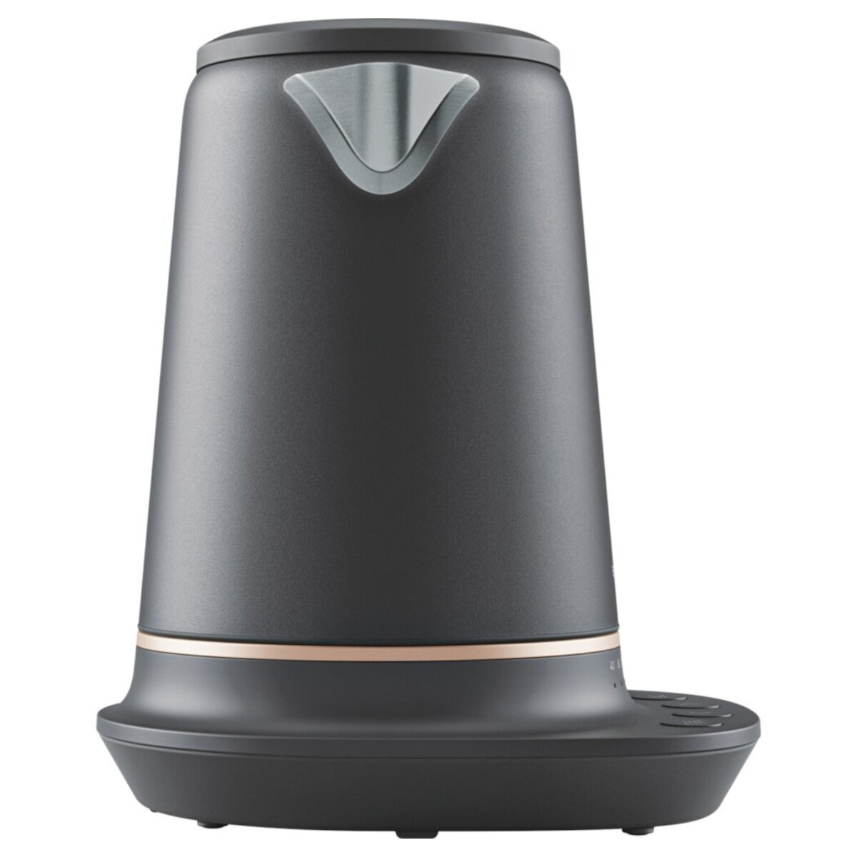 Czarny czajnik na czarnej podstawie, ze srebrnym uchwytem i miedzianym akcentem.