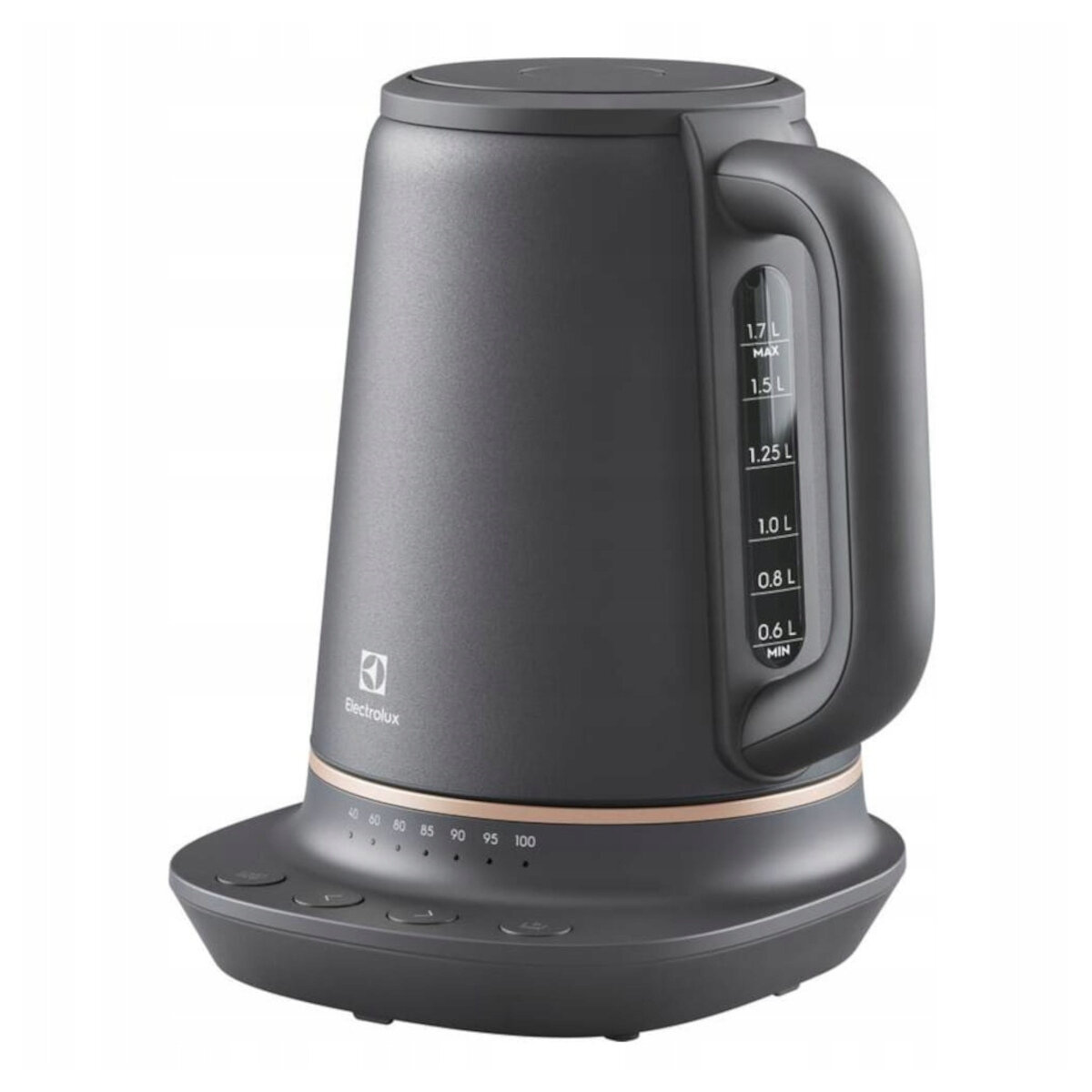 Ciemnoszary czajnik Electrolux na podstawie z ustawieniami temperatury.