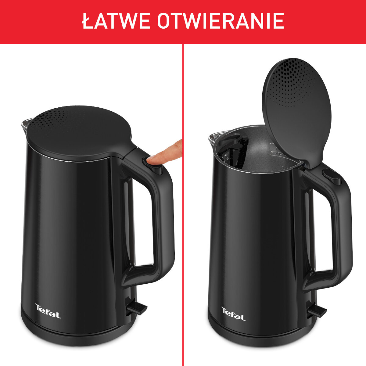 Czarny czajnik, otwartą pokrywą, z ręką naciskającą przycisk. Tekst u góry mówi: 'Łatwe otwieranie'.