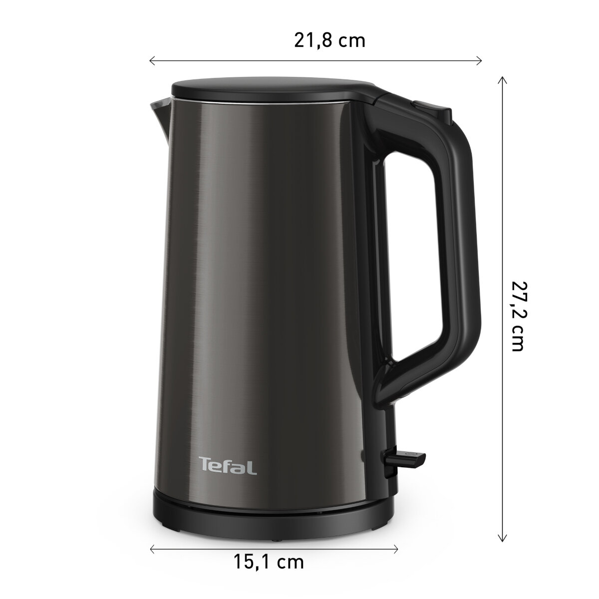 Czarny czajnik elektryczny ze wskazaniem wymiarów. Widoczna marka Tefal.