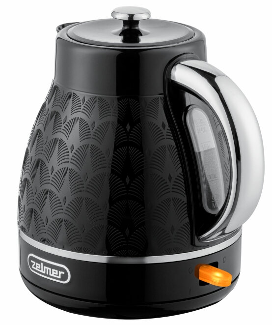 Czarny czajnik elektryczny z wzorem i srebrnym uchwytem oraz pomarańczowym światłem.
