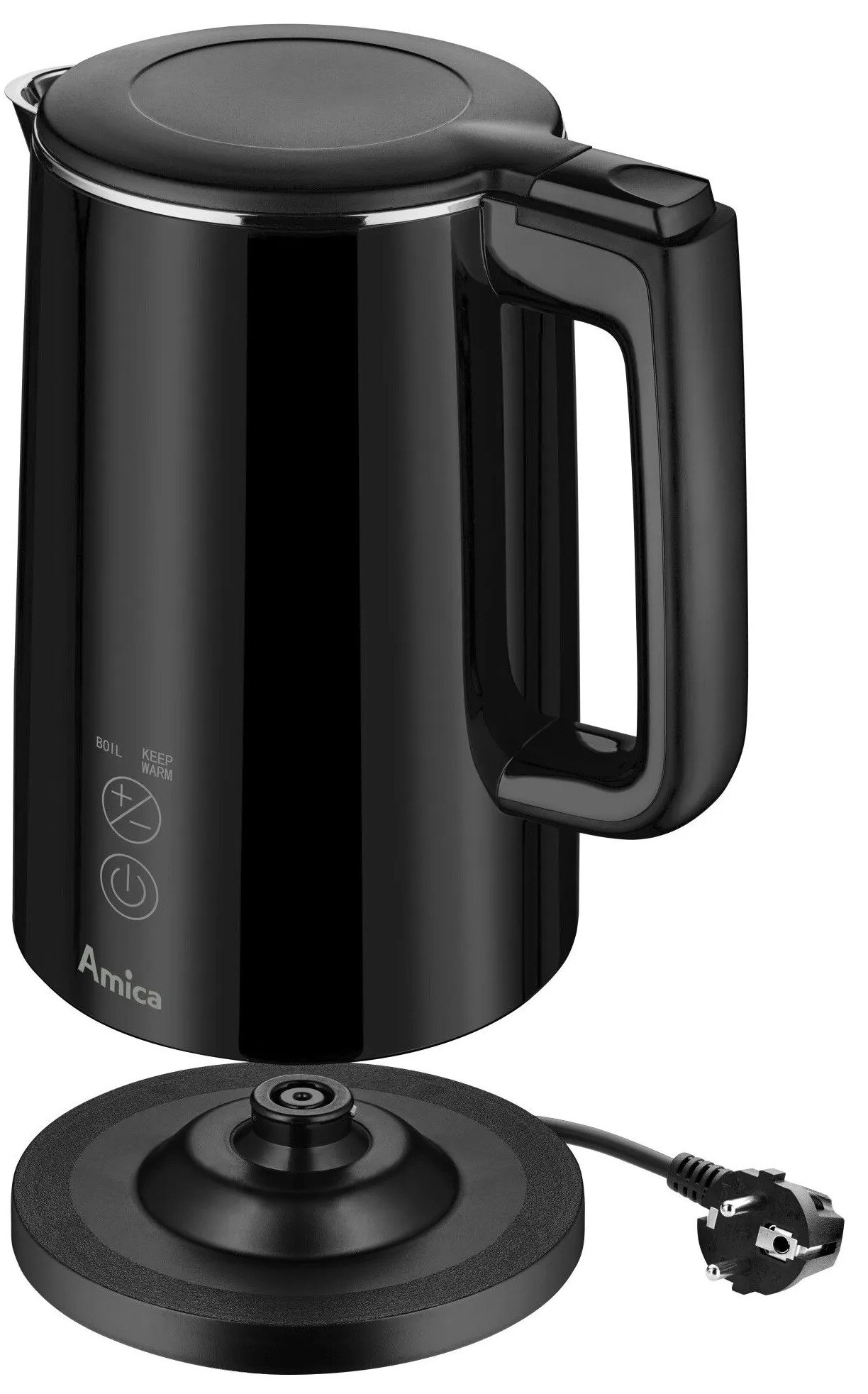 Czarny czajnik Amica z podstawą i wtyczką. Ma uchwyt i przyciski sterowania.