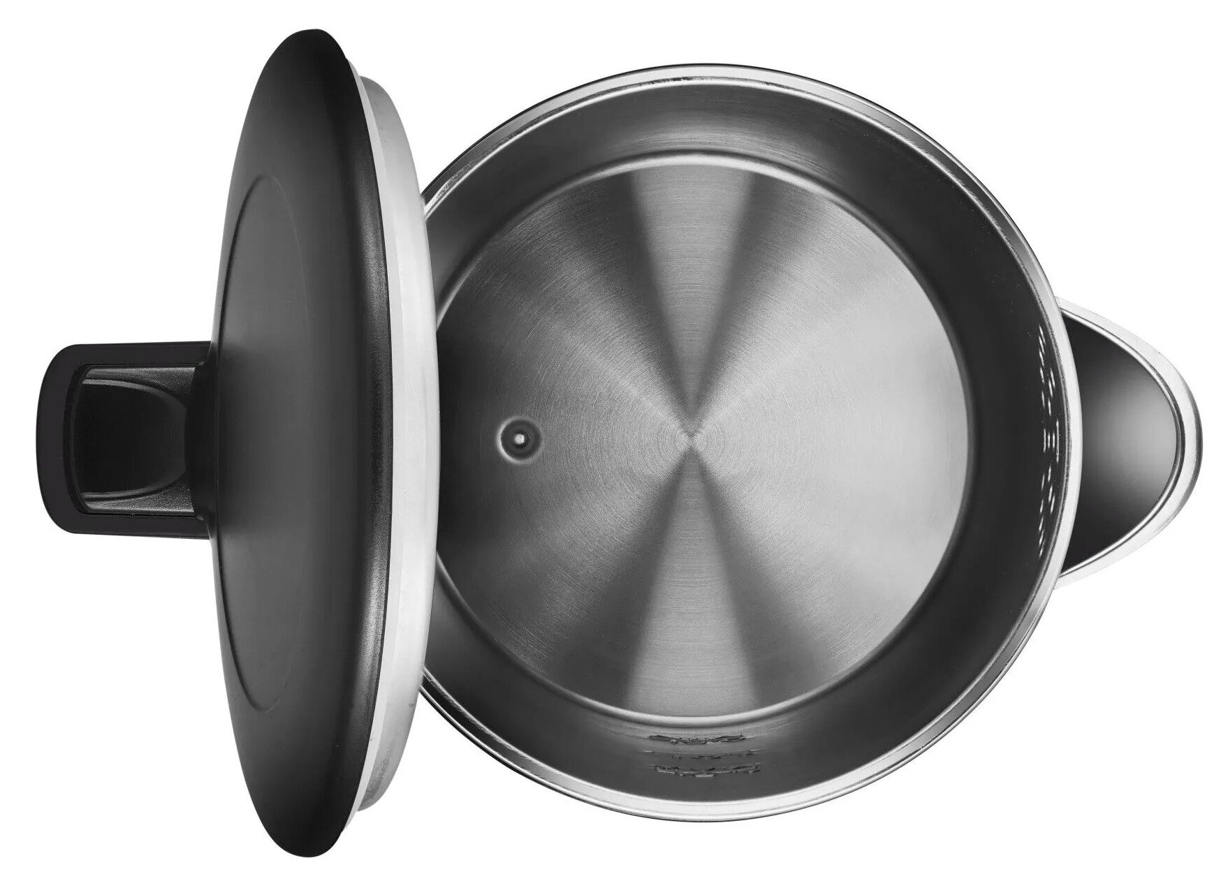 Widok z góry na wnętrze czajnika z otwartą pokrywą, pokazujący metalowe wnętrze.