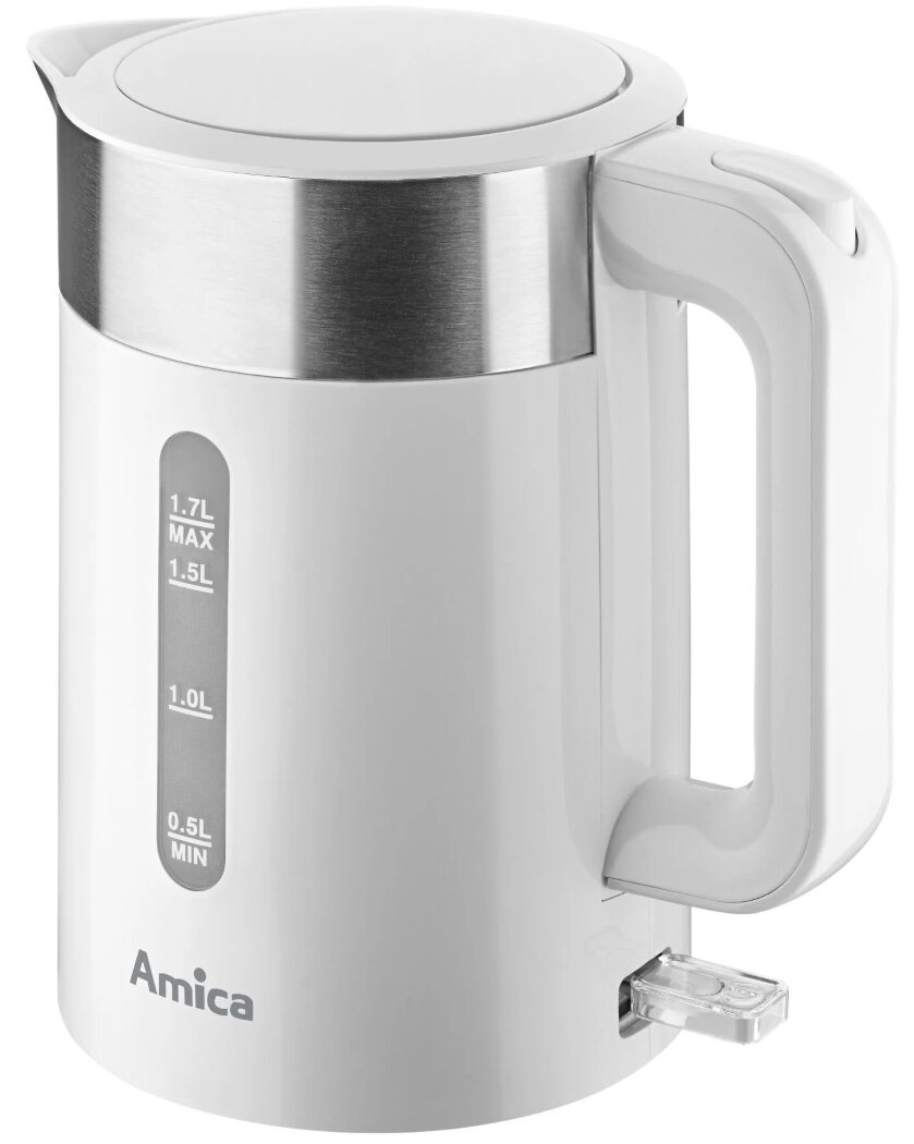 Biały czajnik elektryczny ze srebrną pokrywką, wskaźnikiem pojemności i uchwytem z boku.