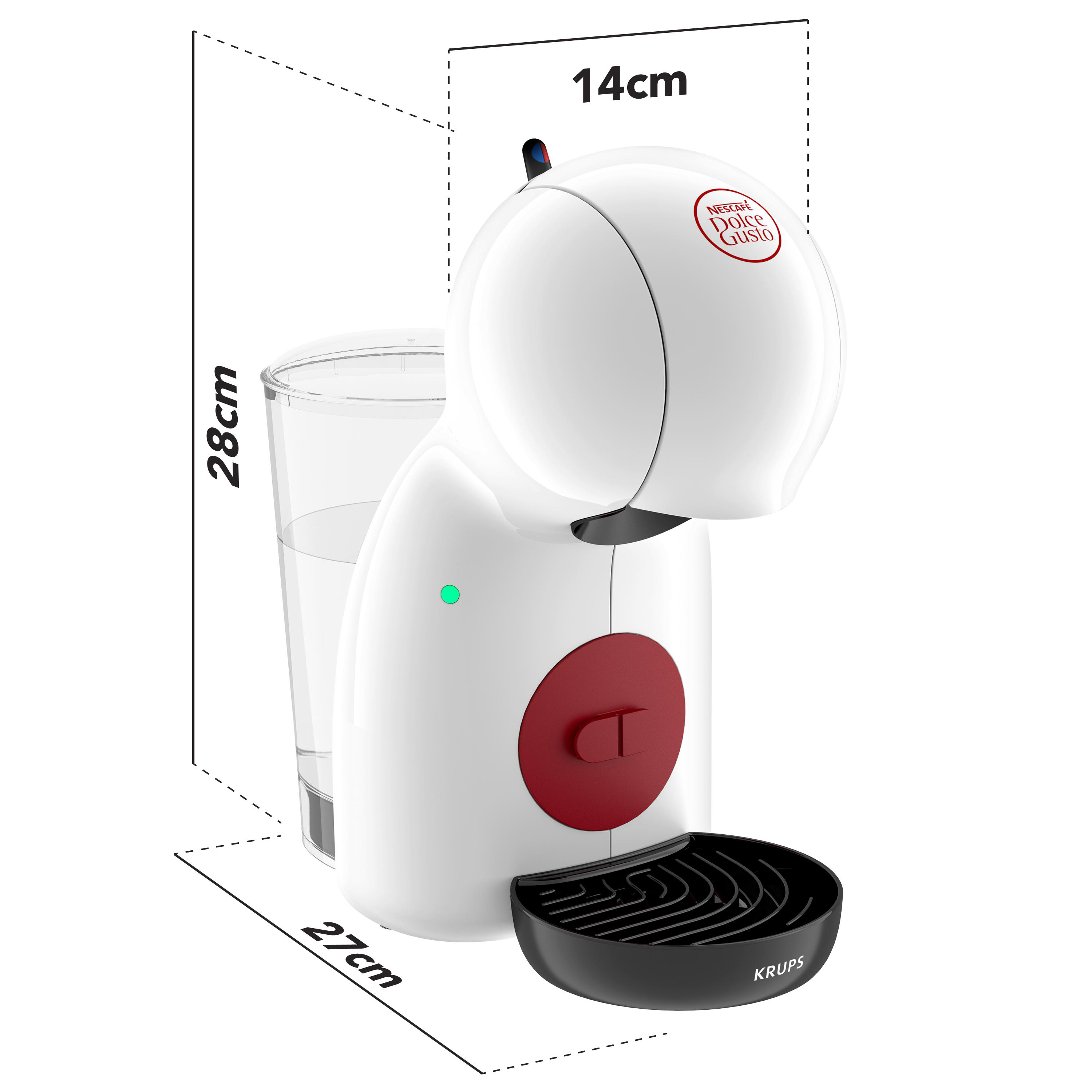 Weißer Kaffeeautomat mit rotem Knopf und Glas Wasser daneben. Abmessungen gezeigt.