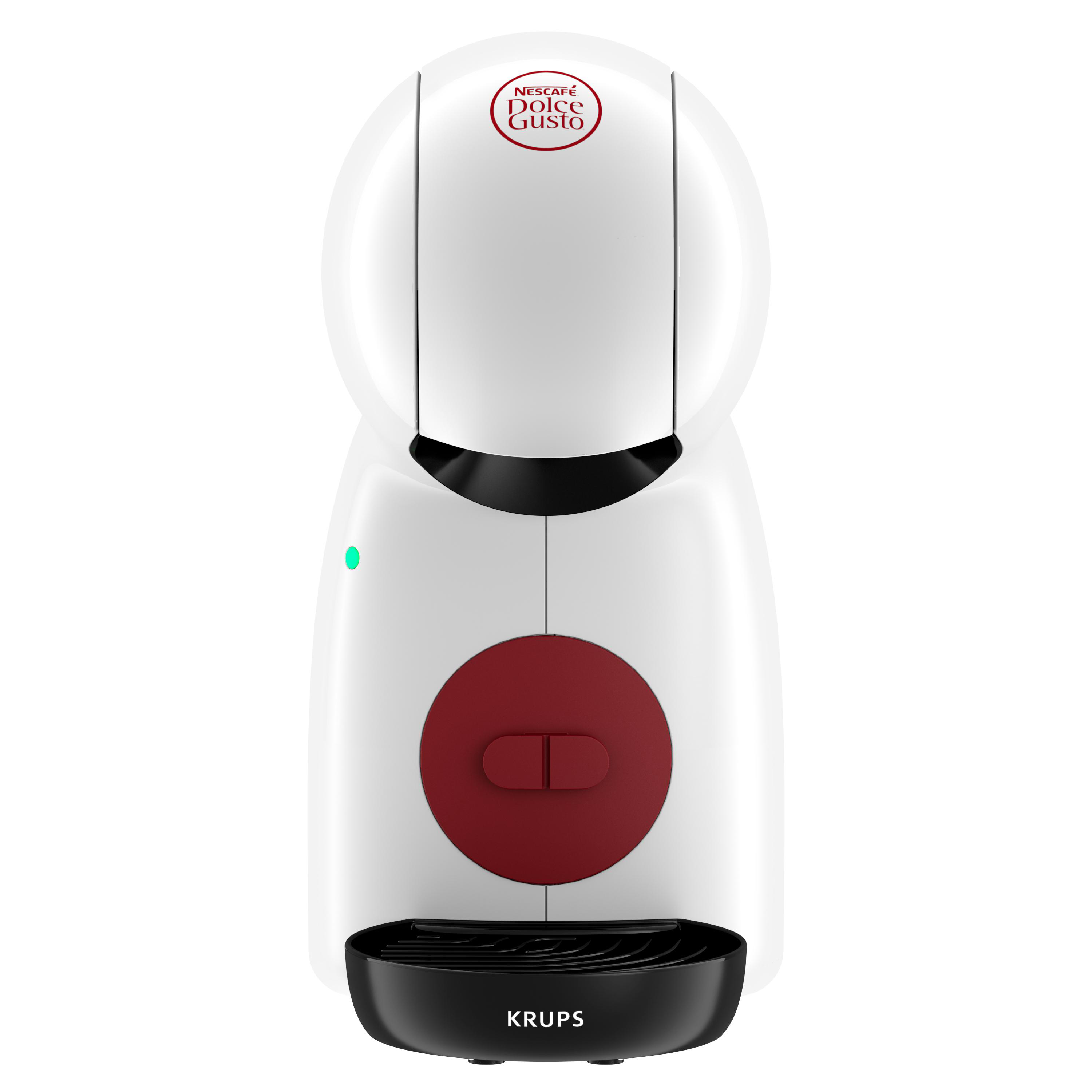 Weiße und rote Dolce Gusto Kaffeemaschine, Vorderansicht.