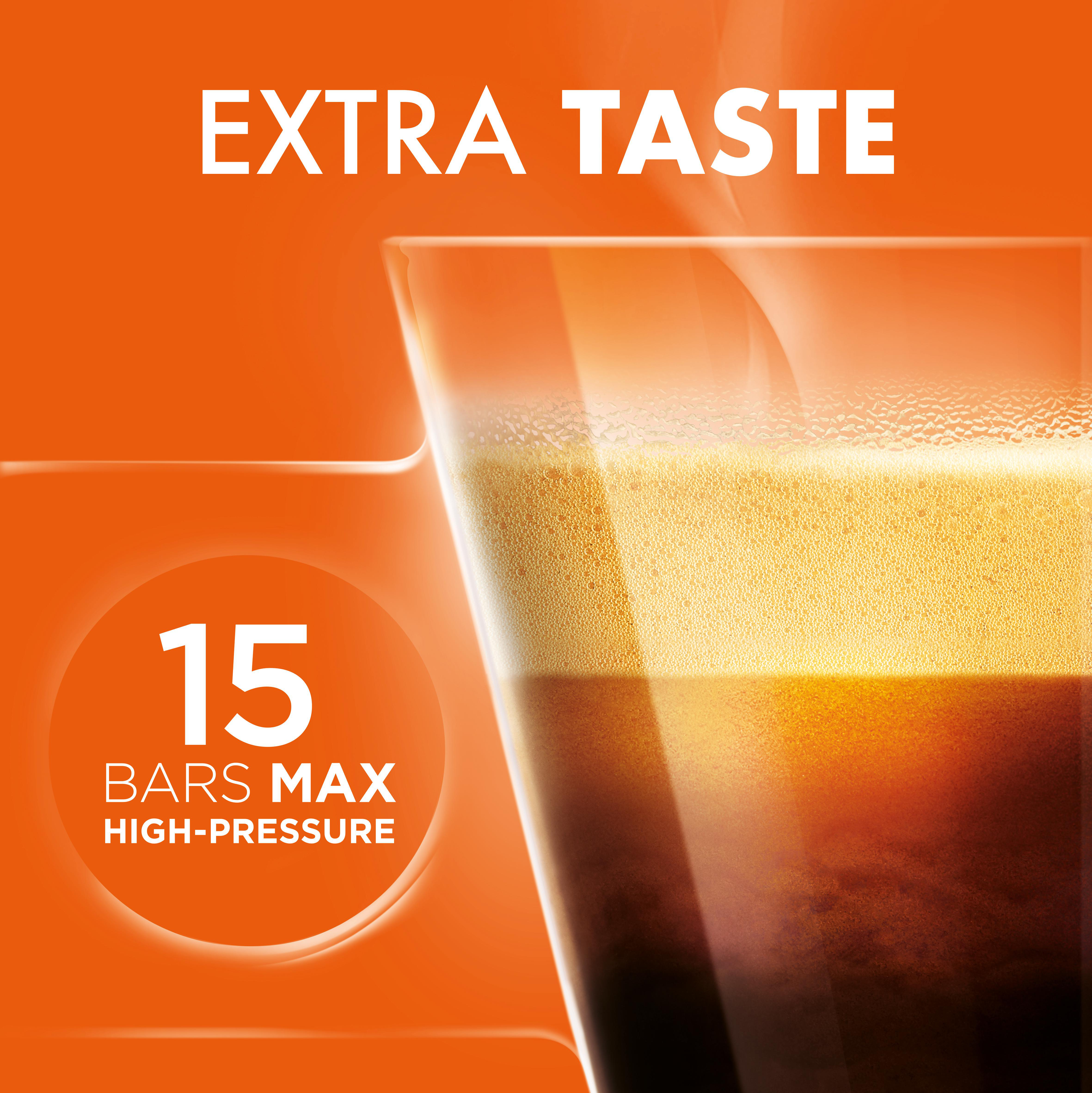 Ein Glas mit Kaffee und Schaum. Text sagt 'EXTRA TASTE' und '15 BARS MAX'.