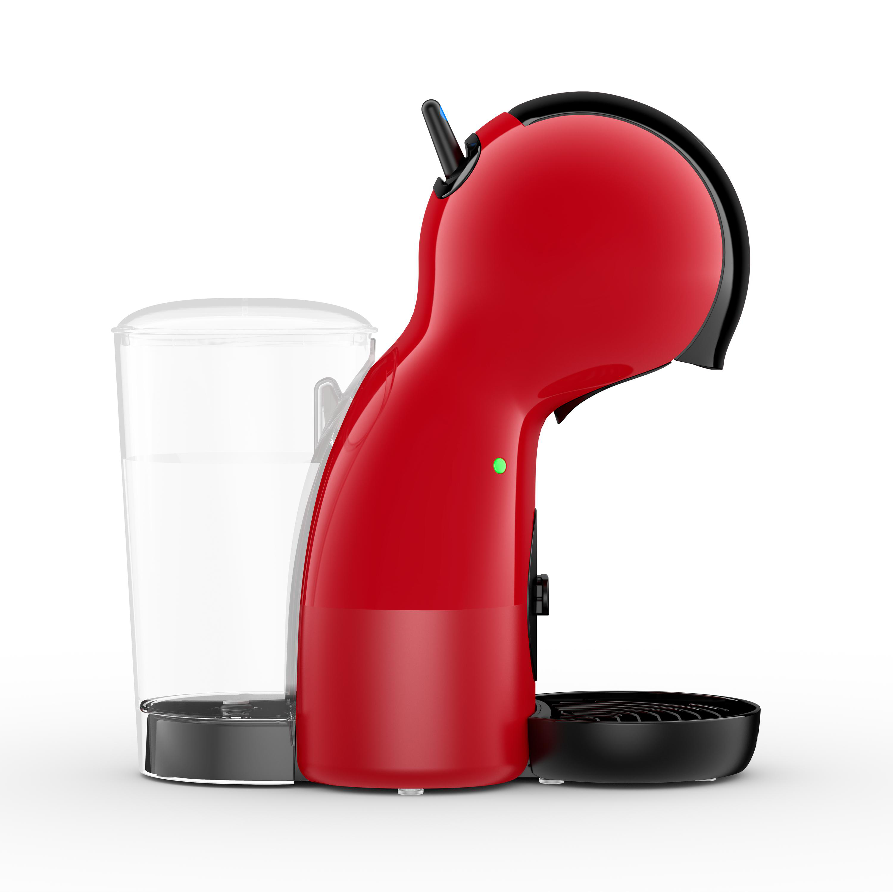 Rote Kaffeemaschine mit transparentem Wassertank und schwarzem Sockel, von der Seite gesehen.