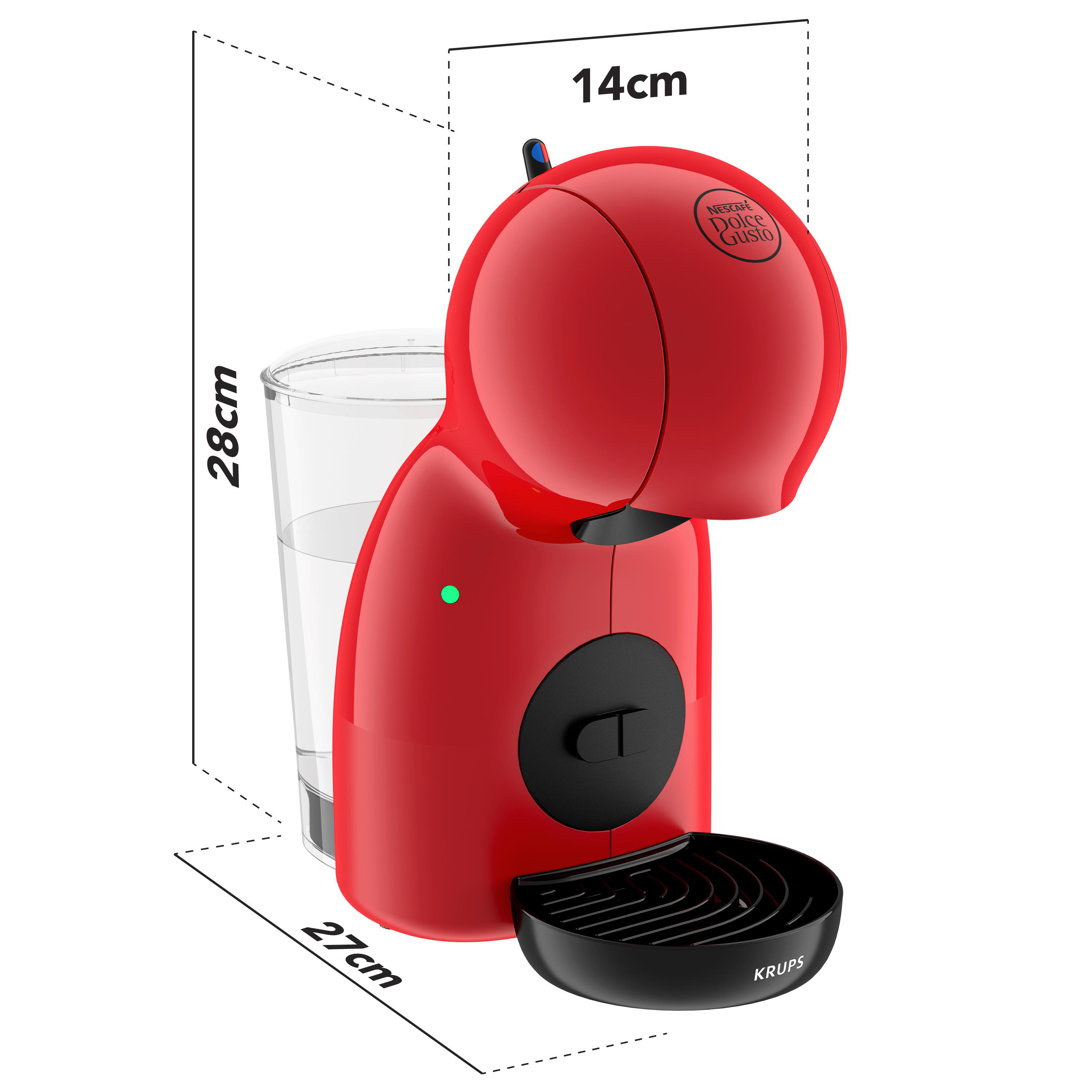 Rote Krups Dolce Gusto Kaffeemaschine mit Maßen. Ein Glas ist in der Nähe.