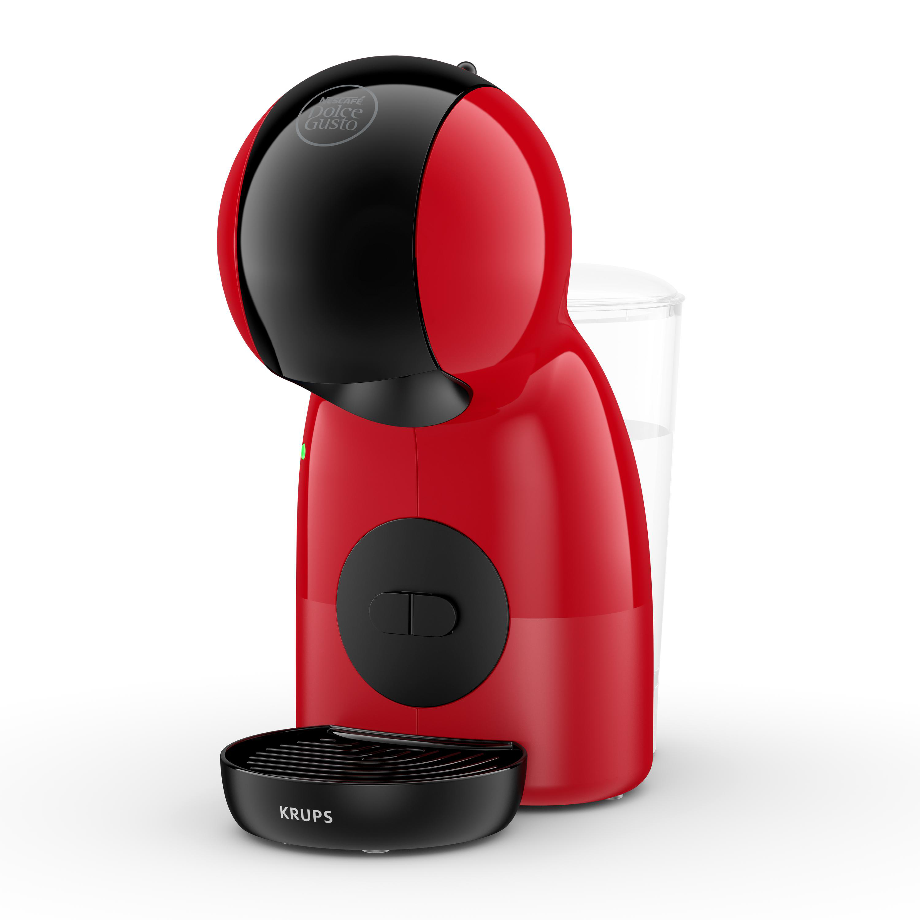 Rote und schwarze Dolce Gusto Kaffeemaschine mit Wasserbehälter, vor weißem Hintergrund.