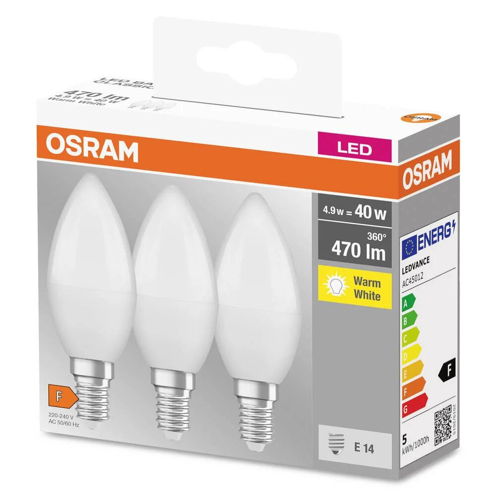 Trzy żarówki LED Osram w pudełku. Pudełko ma LED i informacje o energii. Obecne białe żarówki.