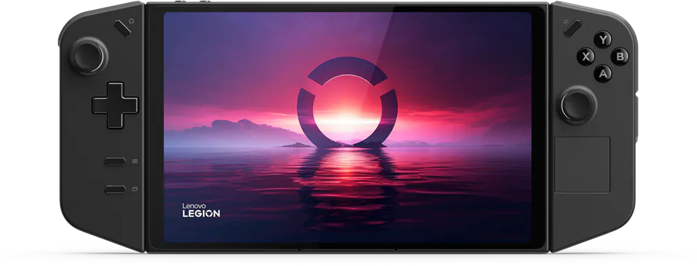 Egy fekete Lenovo Legion kézi játékkonzol, ami egy játék felületét mutatja.
