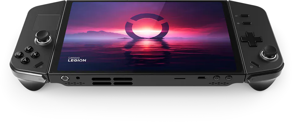 Fekete Lenovo Legion kézi játékkonzol nagy képernyővel és vezérlőkkel.