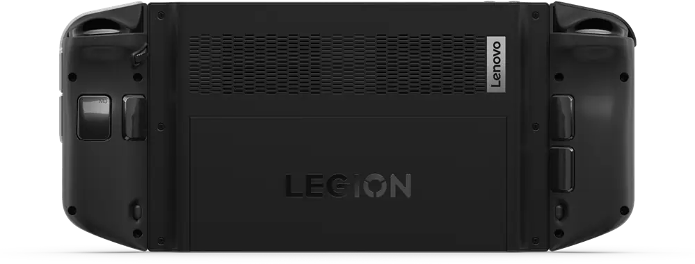 Fekete kézi játékkonzol hátulról, 'LEGION' felirattal.