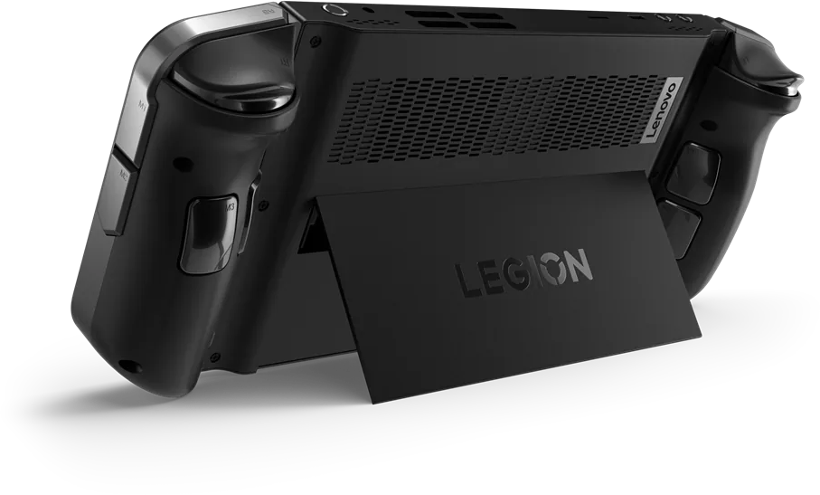 Fekete Lenovo Legion kézi játékkonzol, állvánnyal. Hátsó nézet.
