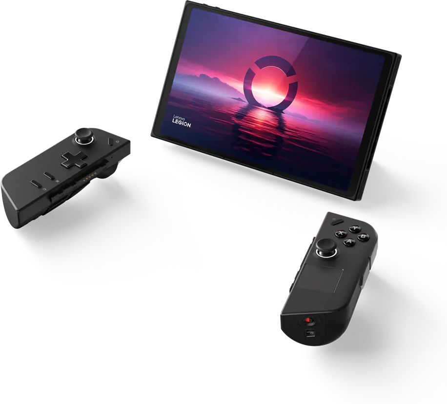 Egy tablet játékkal, két fekete játékvezérlővel mindkét oldalon.