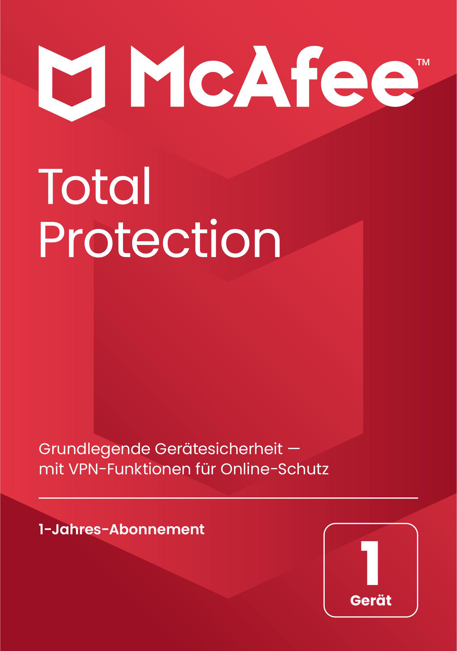 Eine rote McAfee Total Protection Box. Sie hat weißen Text und ein 1-Jahres-Abonnement-Etikett.