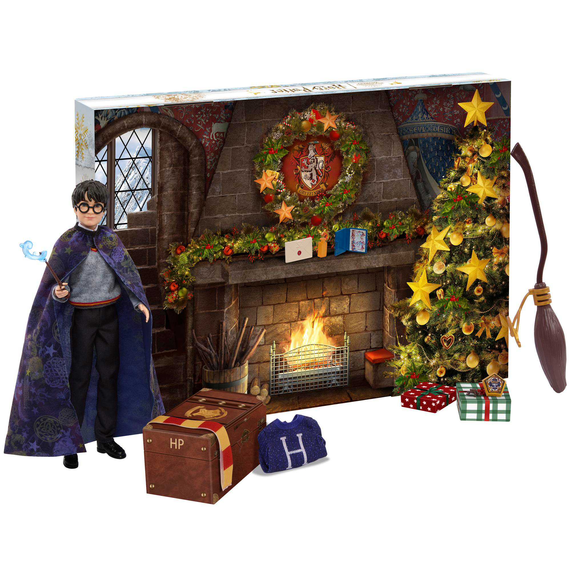 Harry Potter Weihnachtsdeko mit Puppe, Baum, Geschenken und Kamin.