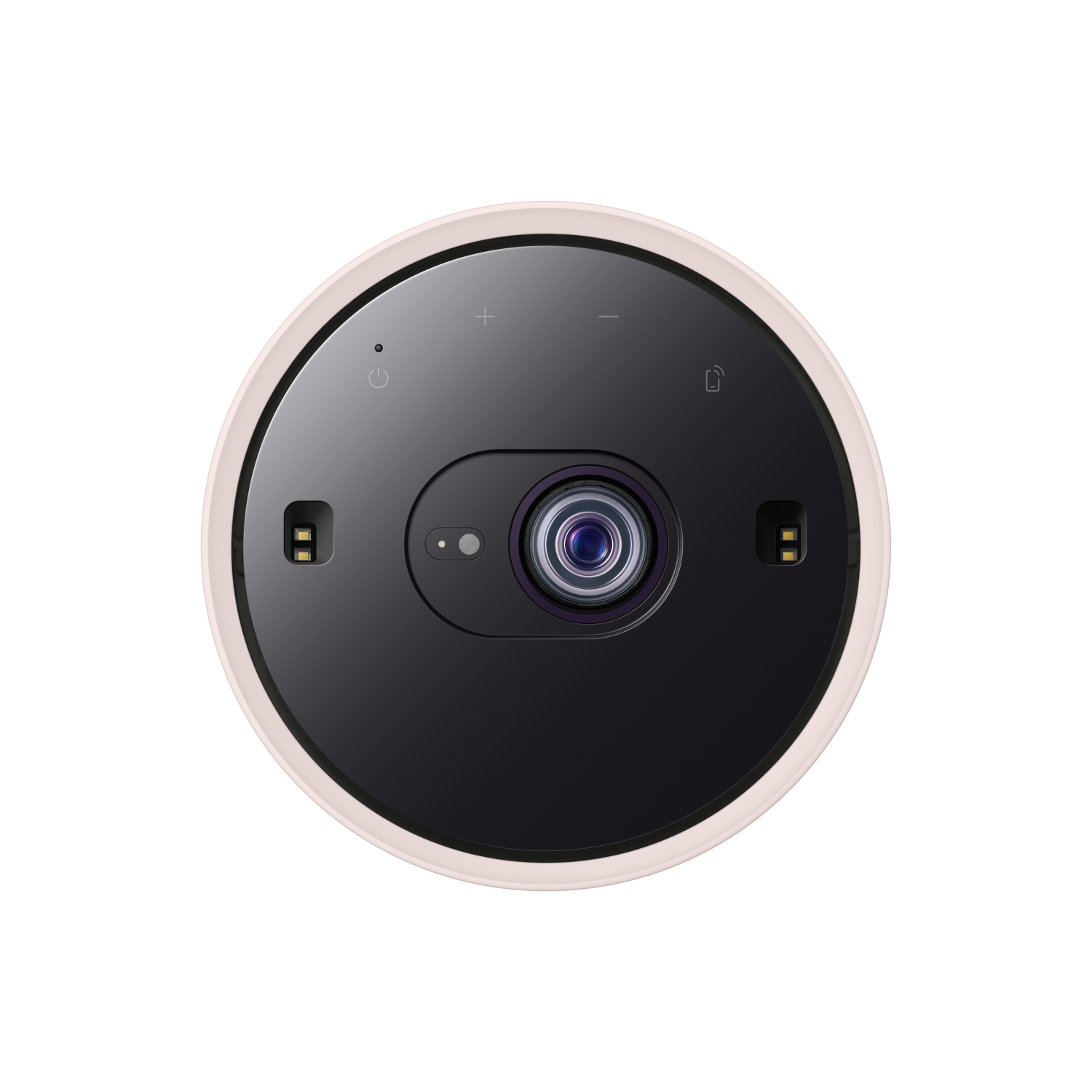 Zwarte, cirkelvormige projector met een lens en bedieningsknoppen. De buitenste ring is crèmekleurig.