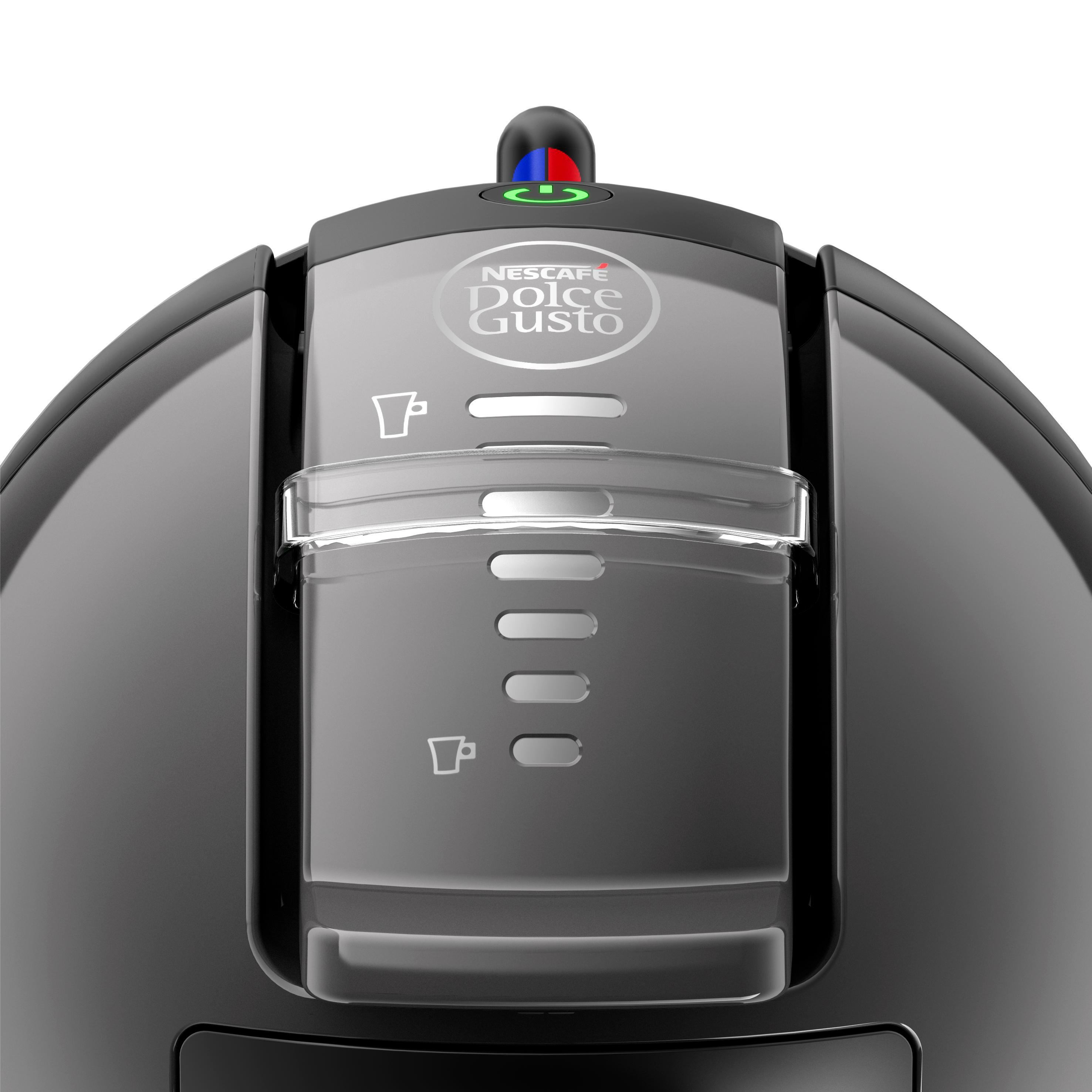 Schwarze Kaffeemaschine mit Dolce Gusto Logo. Sie hat einen transparenten Wassertank.